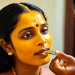 **

A woman with glowing skin applies a face pack made of turmeric paste and honey. Focus on the golden color of the turmeric and the smooth texture of the mixture. Capture a traditional Bengali aesthetic.

**