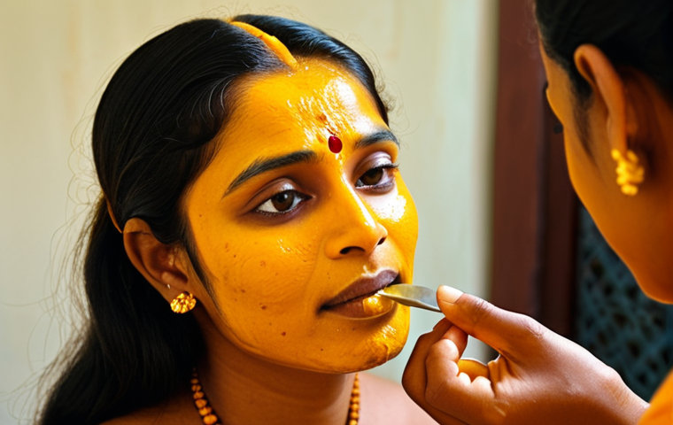 **

A woman with glowing skin applies a face pack made of turmeric paste and honey. Focus on the golden color of the turmeric and the smooth texture of the mixture. Capture a traditional Bengali aesthetic.

**