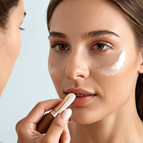 **

A woman with healthy, glowing skin, applying natural foundation. Focus on the radiant and healthy look, emphasizing the benefits of natural ingredients.

**