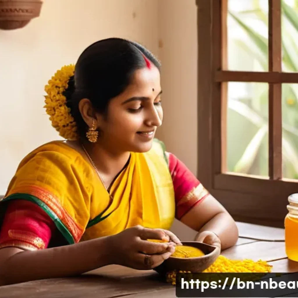 천연화장품 가성비 추천 제품 - A serene Bengali woman with flawless skin applying a homemade natural face pack made of honey, lemon...