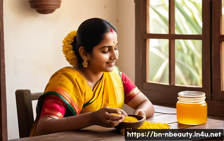 천연화장품 가성비 추천 제품 - A serene Bengali woman with flawless skin applying a homemade natural face pack made of honey, lemon...