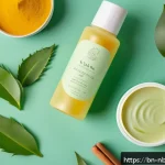 천연화장품 성장 가능성 - A serene and natural skincare setting featuring ingredients like aloe vera, neem leaves, turmeric ro...