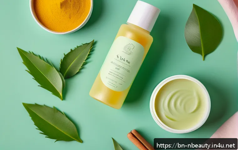 천연화장품 성장 가능성 - A serene and natural skincare setting featuring ingredients like aloe vera, neem leaves, turmeric ro...