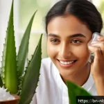 천연화장품 계면활성제 대체 성분 - A serene and natural skincare scene featuring a Bengali woman applying aloe vera gel and coconut oil...