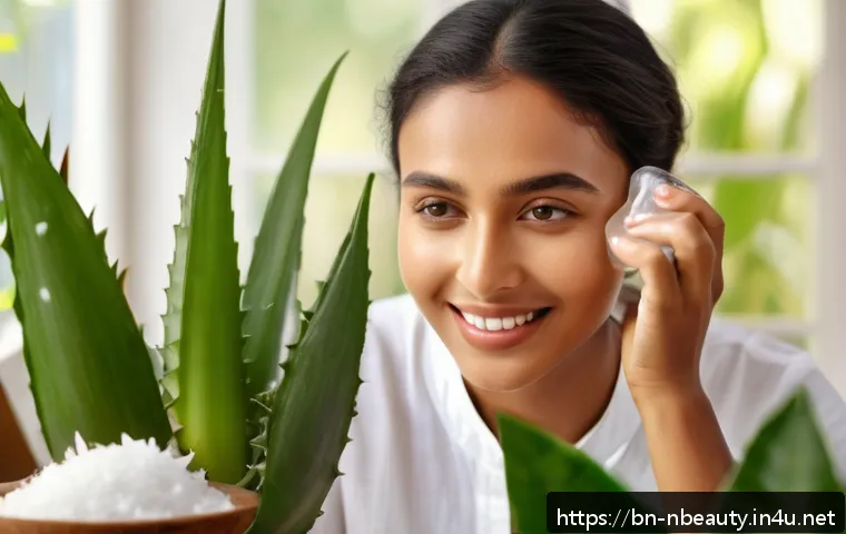 천연화장품 계면활성제 대체 성분 - A serene and natural skincare scene featuring a Bengali woman applying aloe vera gel and coconut oil...