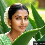 천연화장품 피부과 테스트 결과 - A serene skincare scene featuring a Bengali woman with glowing, smooth skin applying aloe vera gel o...