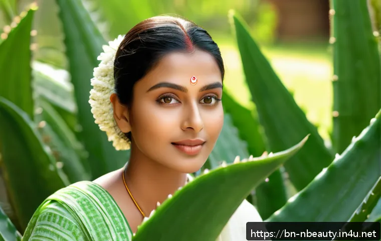 천연화장품 피부과 테스트 결과 - A serene skincare scene featuring a Bengali woman with glowing, smooth skin applying aloe vera gel o...