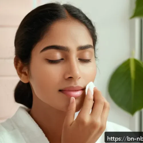 천연화장품 화장솜 사용법 - A serene and soft close-up image of a Bengali woman with flawless, glowing skin gently cleansing her...