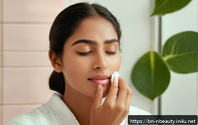 천연화장품 화장솜 사용법 - A serene and soft close-up image of a Bengali woman with flawless, glowing skin gently cleansing her...