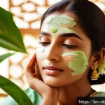 천연화장품과 동물실험 이슈 - A serene, close-up portrait of a Bengali woman gently applying natural aloe vera gel to her face, sh...