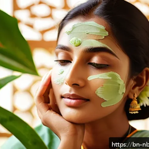 천연화장품과 동물실험 이슈 - A serene, close-up portrait of a Bengali woman gently applying natural aloe vera gel to her face, sh...