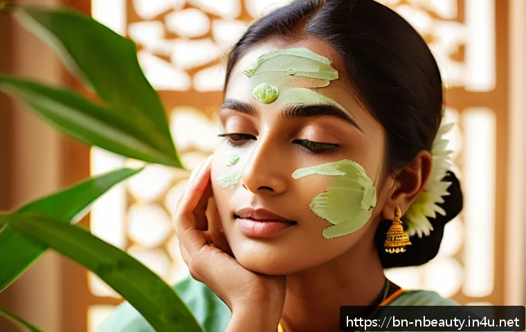 천연화장품과 동물실험 이슈 - A serene, close-up portrait of a Bengali woman gently applying natural aloe vera gel to her face, sh...