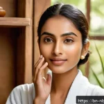 천연화장품 맞춤형 컨설팅 서비스 - A detailed close-up portrait of a Bengali woman with naturally glowing skin, demonstrating a gentle ...