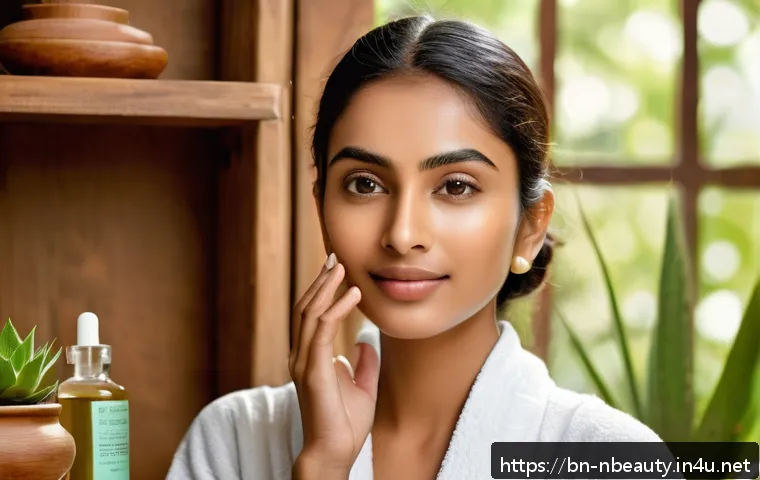 천연화장품 맞춤형 컨설팅 서비스 - A detailed close-up portrait of a Bengali woman with naturally glowing skin, demonstrating a gentle ...