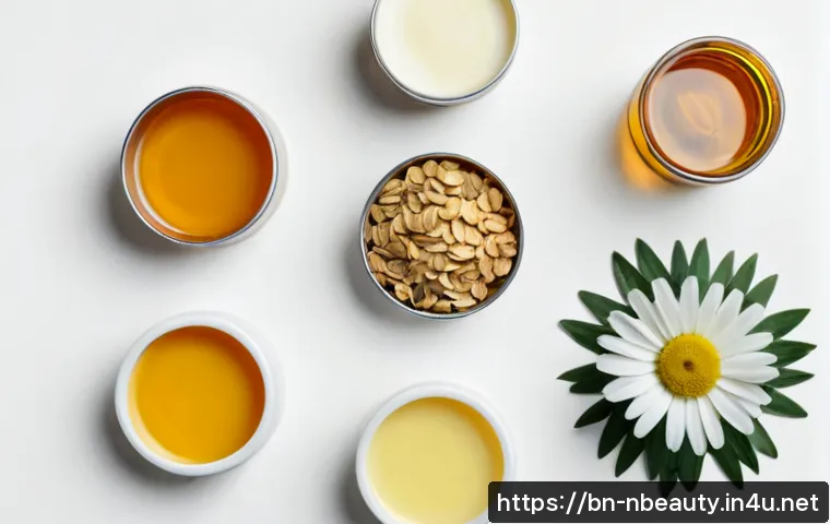 천연화장품 EWG 등급 해석 - Photorealistic overhead view of natural cosmetic ingredients arranged for a safety-rating comparison...